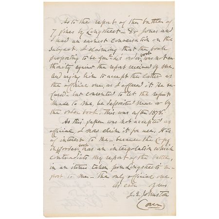 Lot #330 Joseph E. Johnston: Twenty years after the Civil War, Johnston notes General Longstreet?s order book of the Battle of Seven Pines ?contradicts my report of the battle? - Image 2