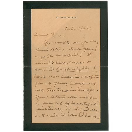 Lot #437 Samuel L. Clemens: Clemens responds to a letter sent 11 years earlier that only reached him the night before - Image 1