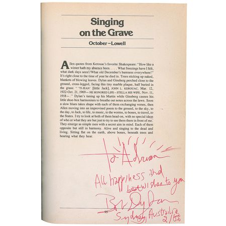 Lot #692 Bob Dylan: A rare lengthy inscription to a music writer, penned by a famous photo of Kerouac’s grave - Image 1