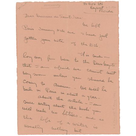 Lot #518 Ernest Hemingway: A self-deprecating poke at his folly-riddled profession: “The life of a writer is usually nothing but bêtises” - Image 1