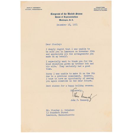 Lot #61 John F. Kennedy: “I especially want to thank you for the kind reception given my brother Bob and his wife” - Image 1