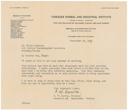 Lot #152 George Washington Carver: “I spoke yesterday down town before a Civitan Club on the work that I am doing with infantile paralysis” - Image 1
