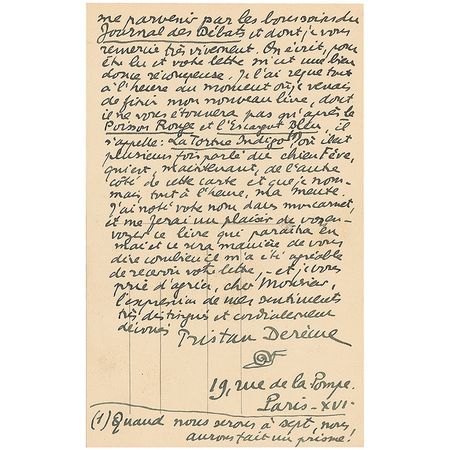 Lot #501 Tristan Dereme Handwritten Letter Signed - Image 2