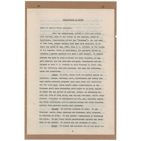 Lot #983 Brown Derby: Revenue from the famed Hollywood restaurant, the Brown Derby, is placed in trust for the daughter of its founder, Herbert Somborn, and his wife Gloria Swanson - Image 1