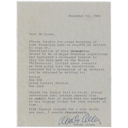 Lot #968 Woody Allen: ?Investigation of this phenomenon proved to be of major Freudian significance and indicated a repressed impulse to play the harp nude at the Boston Philharmonic? - Image 1