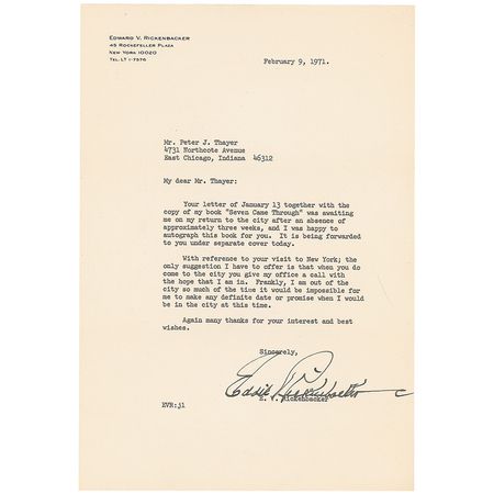 Lot #371 Eddie Rickenbacker Typed Letter Signed - Image 1
