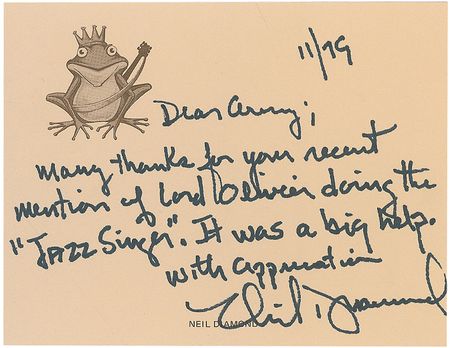 Lot #768 Neil Diamond: “Many thanks for your recent mention of Lord Olivier doing the ‘Jazz Singer’” - Image 1