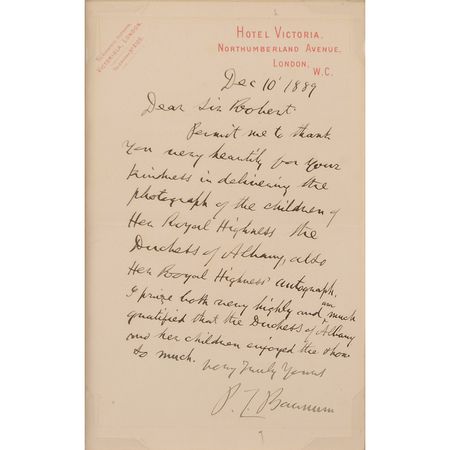 Lot #137 P. T. Barnum: “I…am much gratified that the Duchess of Albany and her children enjoyed the show so much” - Image 1