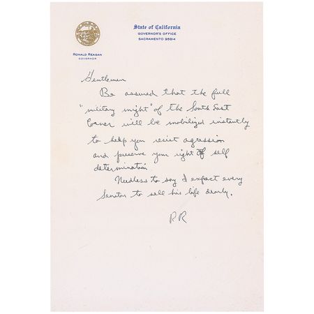 Lot #91 Ronald Reagan: The governor promises “full ‘military might’…to help you resist aggression” as protestors gather in Berkeley - Image 1