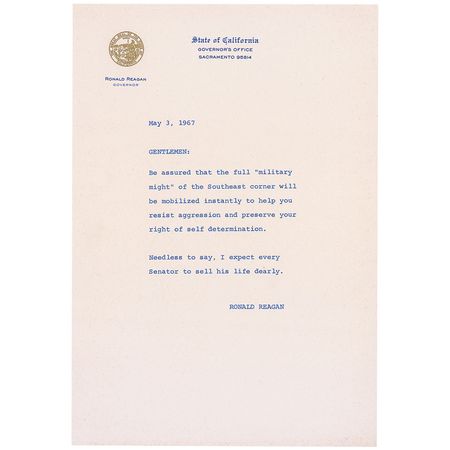 Lot #91 Ronald Reagan: The governor promises “full ‘military might’…to help you resist aggression” as protestors gather in Berkeley - Image 2