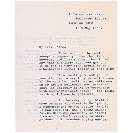 Lot #1082 Laurence Olivier: Recalling early Hollywood with Cukor: ?In the very early thirties when we were all first in Hollywood?Ronnie Colman?had a thing called ?Night Blooming Jasmine?? - Image 1