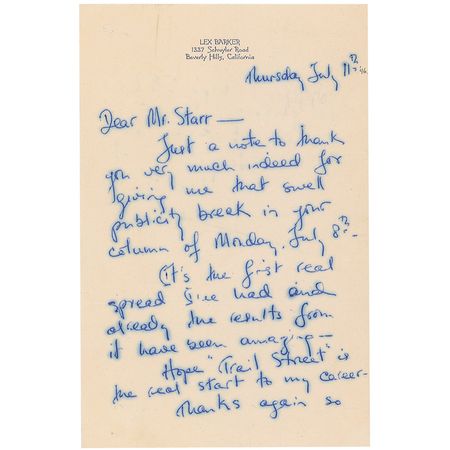 Lot #977 Lex Barker Handwritten Letter Signed - Image 1