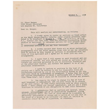 Lot #1090 Rosalind Russell and Edgar Bergen Signed Document - Image 1