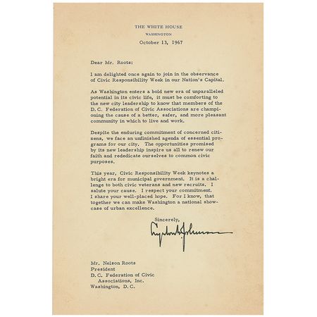 Lot #58 Lyndon B. Johnson: ?The D. C. Federation of Civic Associations are championing the cause of a better, safer, and more pleasant community in which to live and work? - Image 1
