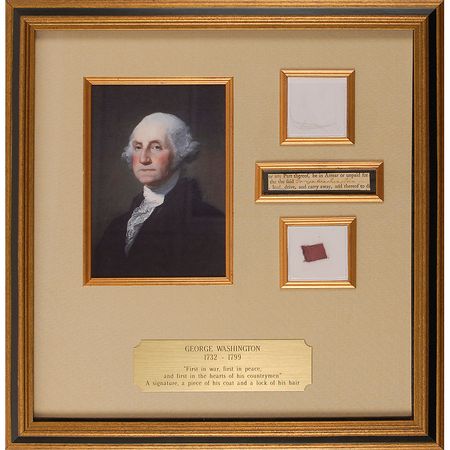 Lot #123 George Washington: Scarce full Washington signature along with a swatch of his coat and hair lock - Image 1
