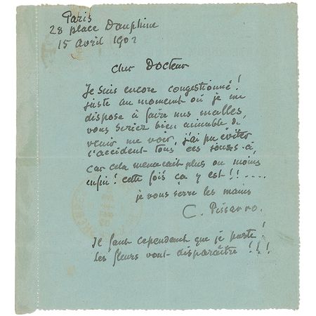 Lot #556 Camille Pissarro: “I must go! The flowers will disappear.” The impressionist summons a doctor for a house call before leaving to paint - Image 1
