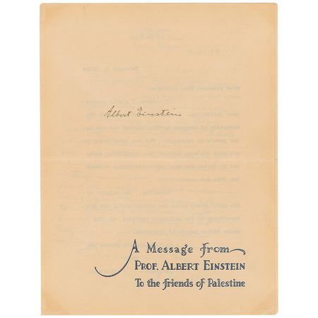 Lot #191 Albert Einstein: In a message to “Friends of Palestine,” Einstein supports labor groups as “the one real effective bridge between the Jews and Arabs” - Image 1