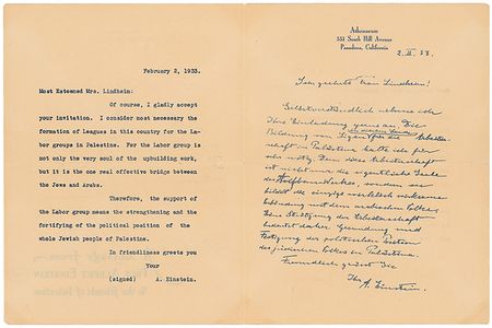 Lot #191 Albert Einstein: In a message to “Friends of Palestine,” Einstein supports labor groups as “the one real effective bridge between the Jews and Arabs” - Image 2