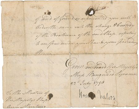 Lot #361 Horatio Nelson: Unable to find the French, Nelson writes from Sicily regarding vessels in his fleet - Image 1