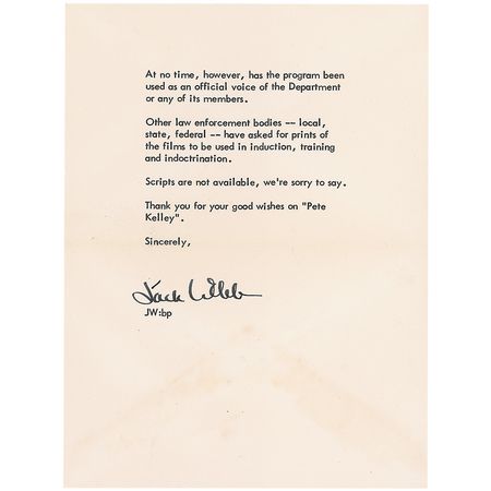 Lot #1120 Jack Webb: “The credit at the end of every one of our radio and TV programs (technical assistance from the office of W. H. Parker, Chief of Police) is true in every sense of the phrase” - Image 2