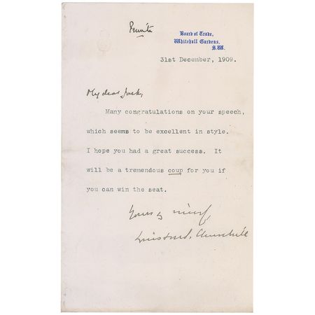Lot #158 Winston Churchill: From the Board of Trade, Churchill writes an encouraging note to his younger brother: 