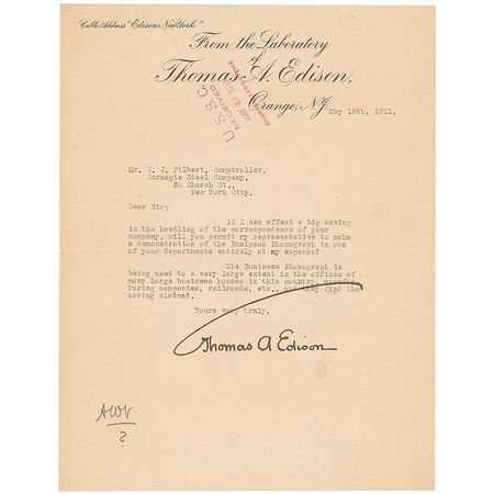 Lot #190 Thomas Edison: Edison pushes his ?Ediphone,? signing off with the finest, boldest ?umbrella? signature we?ve seen - Image 1