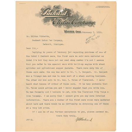 Lot #270 James Ward Packard: One of only two known letters signed by Packard - Image 1