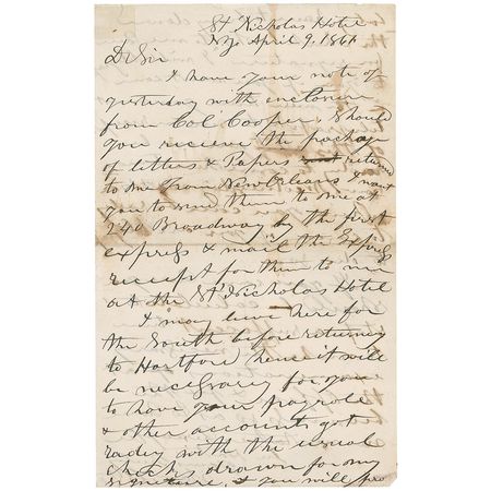 Lot #163 Samuel Colt: April 9, 1861, three days before the outbreak of war, Colt dashes off a twice-signed letter: ?I may leave here for the South? - Image 1