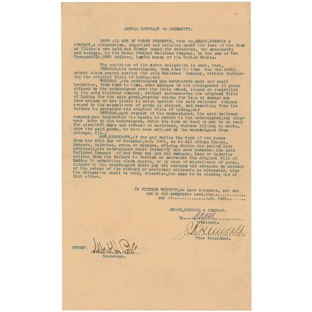 Lot #291 Richard W. Sears: Incredibly rare Sears contract with the Maine Central Railroad Company that enabled him to deliver from coast to coast - Image 1