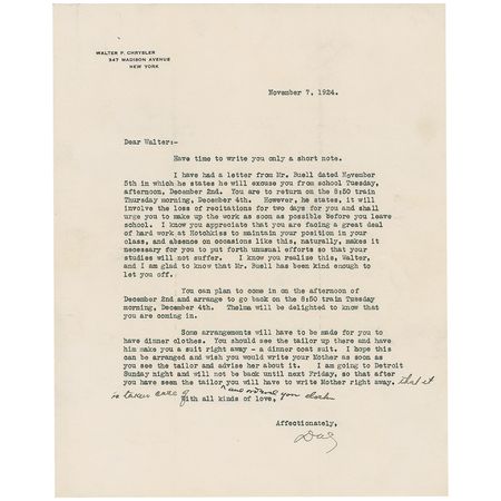 Lot #156 Walter P. Chrysler: Chrysler impresses the value of hard work to his son at Hotchkiss School - Image 1