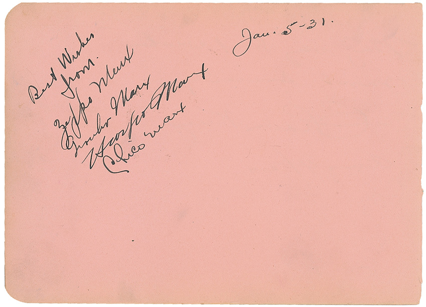 Lot 1127 Marx Brothers: All four Marx Brothers sign in the year of Monkey Business