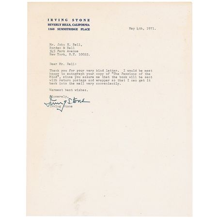 Lot #675 Irving Stone Typed Letter Signed - Image 2
