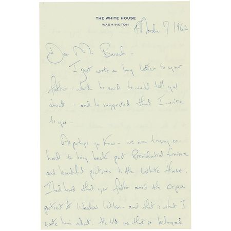 Lot #91 Jacqueline Kennedy: Jackie solicits a better portrait of Wilson for the White House: ?We are trying so hard to bring back the Presidential furniture and beautiful pictures to the White House? - Image 1
