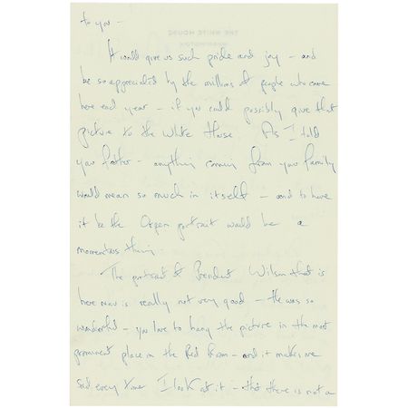 Lot #91 Jacqueline Kennedy: Jackie solicits a better portrait of Wilson for the White House: ?We are trying so hard to bring back the Presidential furniture and beautiful pictures to the White House? - Image 2