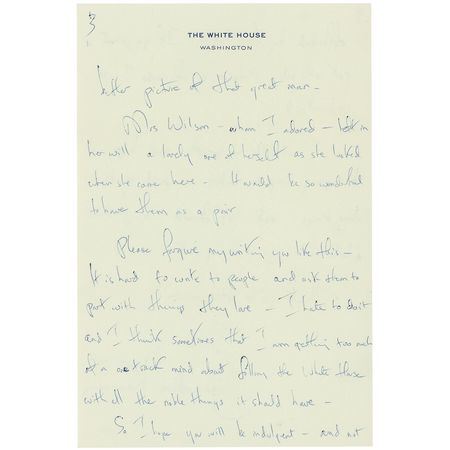 Lot #91 Jacqueline Kennedy: Jackie solicits a better portrait of Wilson for the White House: ?We are trying so hard to bring back the Presidential furniture and beautiful pictures to the White House? - Image 3