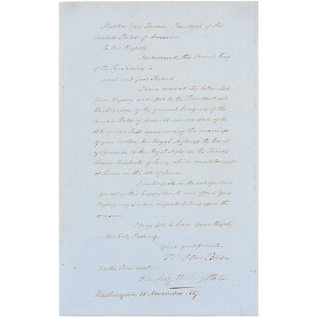 Lot #186 Martin Van Buren: Van Buren sends a congratulatory state letter on the nuptials of King Ferdinand?s brother - Image 1