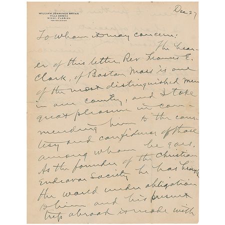 Lot #215 William Jennings Bryan: ?The bearer of this letter?is one of the most distinguished men in this country? - Image 1