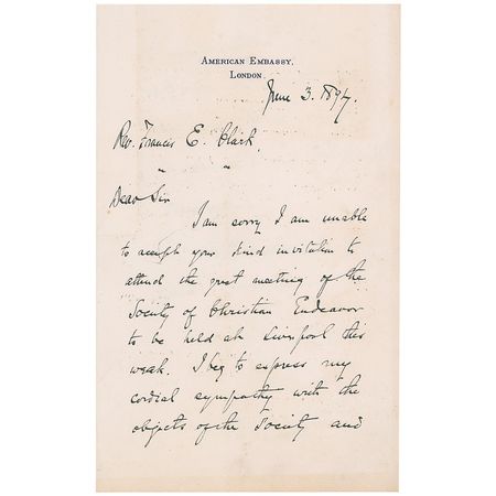 Lot #285 John Hay: ?I am unable to accept your kind invitation to attend the great meeting of the Society of Christian Endeavor? - Image 1