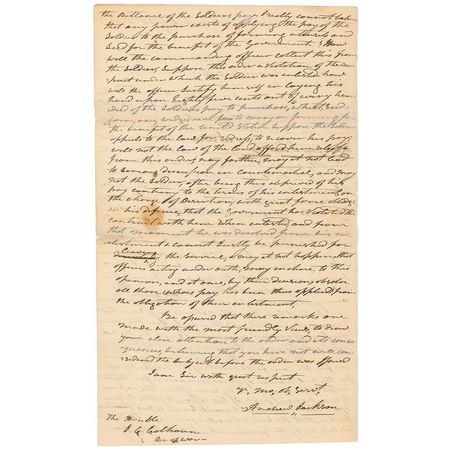 Lot #77 Andrew Jackson: In a heated letter to Secretary of War Calhoun, Jackson rails against a policy effectively docking the pay of his men - Image 2