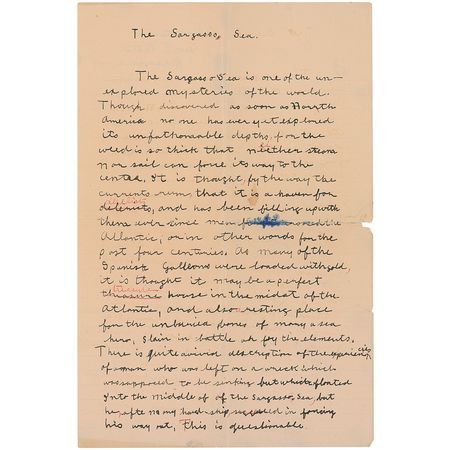 Lot #457 George S. Patton: A young Patton dreams of heroics on the high seas: “It may be a perfect treasure house in the midst of the Atlantic, and also resting place for the unburied bones of many a sea hero, slain in battle or by the elements” - Image 1