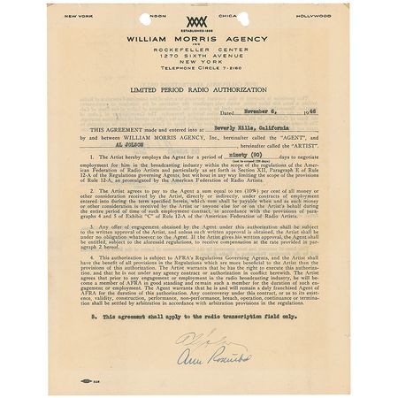 Lot #1099 Al Jolson Signed Document - Image 1