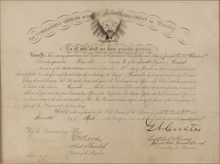Lot #412 George A. Custer: Exceedingly rare 7th Cavalry appointment boldly signed by Custer, the only one we have ever seen! - Image 2