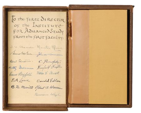 Lot #254 Albert Einstein: One-of-a-kind thoughtfully selected book signed by intellectual giants including Einstein, Weyl, and von Neumann, “To the First Director of the Institute for Advanced Study from the First Faculty” - Image 1