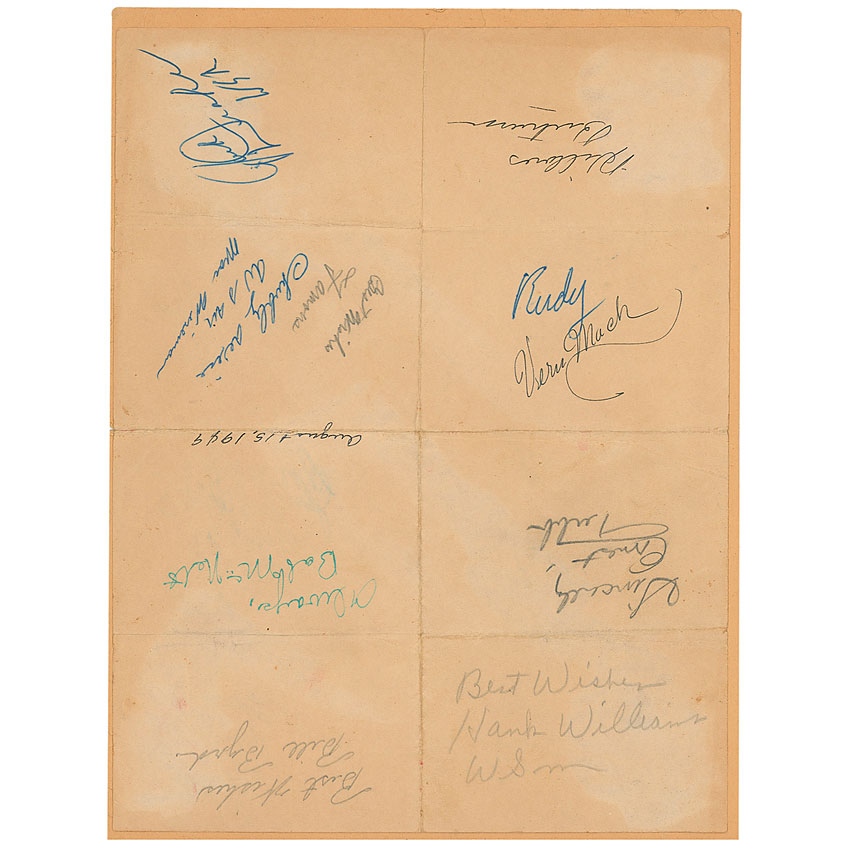 Lot 804 Hank Williams: Hank Williams and his Drifting Cowboys sign in ?49