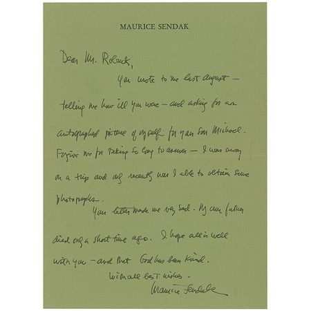 Lot #651 Maurice Sendak: “Your letter made me very sad. My own father died only a short time ago. I hope all is well with you—and that God has been kind” - Image 1