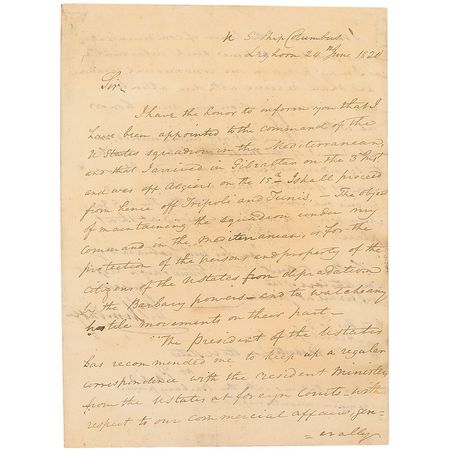 Lot #467 War of 1812: William Bainbridge: Commodore Bainbridge suppresses rogue Barbarians in the Mediterranean to protect US interests - Image 1