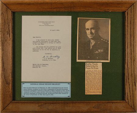 Lot #382 Omar Bradley: Bradley thanks a young man for prayers during Holy Week and promises to ?win the war as speedily as possible? - Image 1