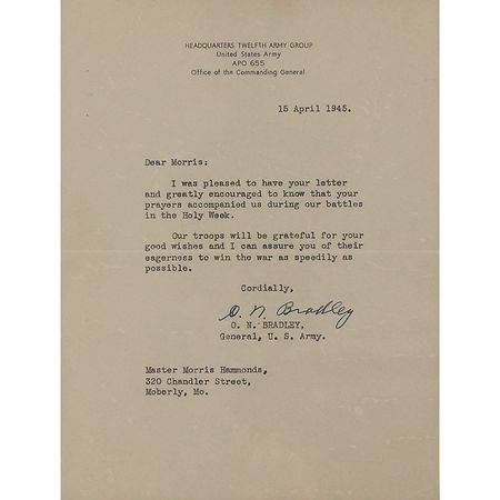 Lot #382 Omar Bradley: Bradley thanks a young man for prayers during Holy Week and promises to ?win the war as speedily as possible? - Image 2