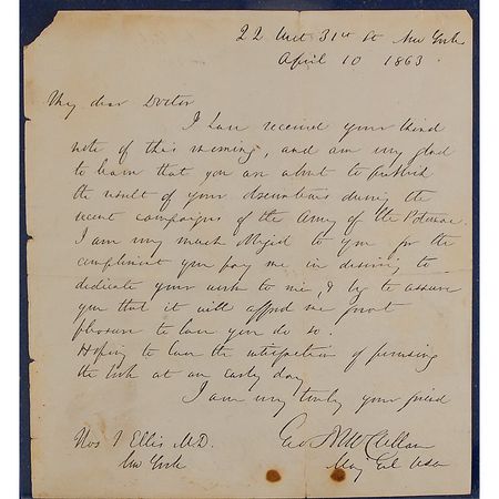 Lot #434 George B. McClellan: “I...am very glad to learn that you are about to publish the result of your observations during the recent campaign of the Army of the Potomac” - Image 2
