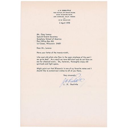 Lot #393 James H. Doolittle: “Like most old pilots who flew in the open airplanes of the past I am quite deaf” - Image 1